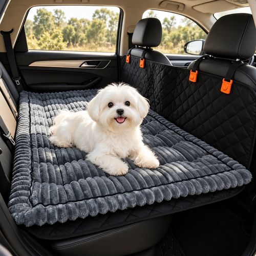 Small dog relaxing on the Ironbark RoadDeck Comfort Mat across a car back seat