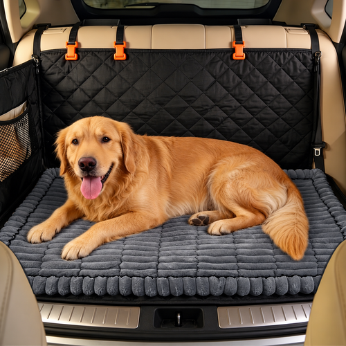 Golden retriever relaxing on the Ironbark RoadDeck Comfort Mat in an SUV cargo area